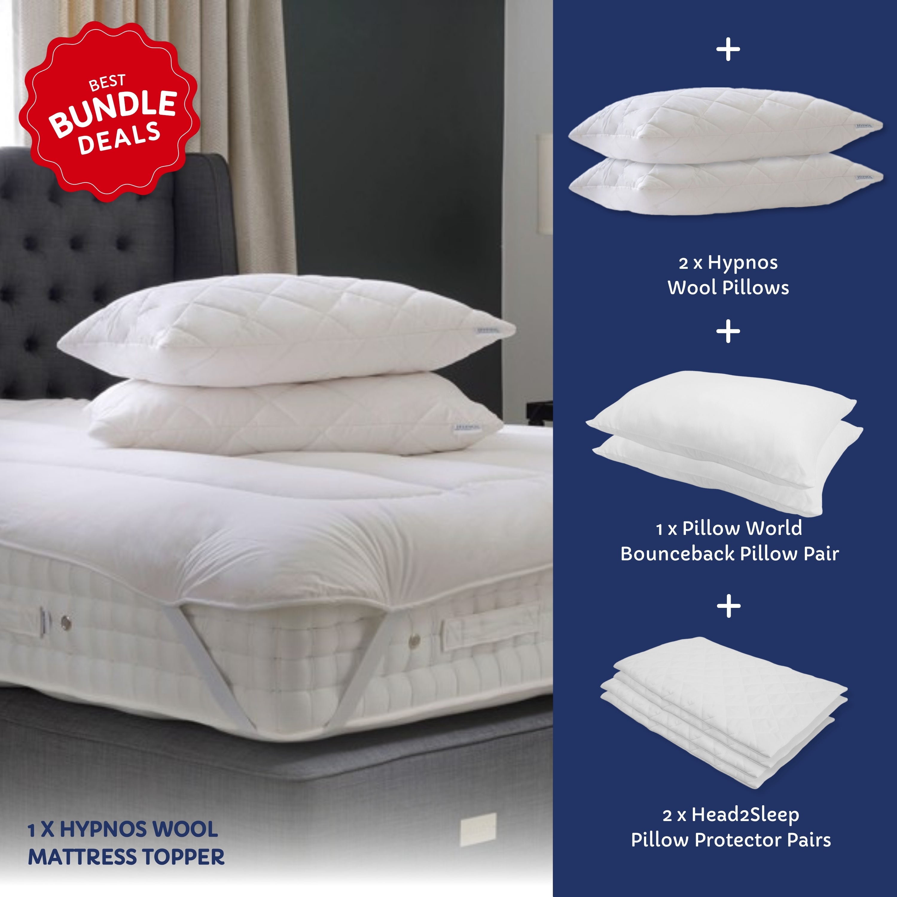 Hypnos Wool Bundle with Mattress Topper, Pillows and Pillow Protectors