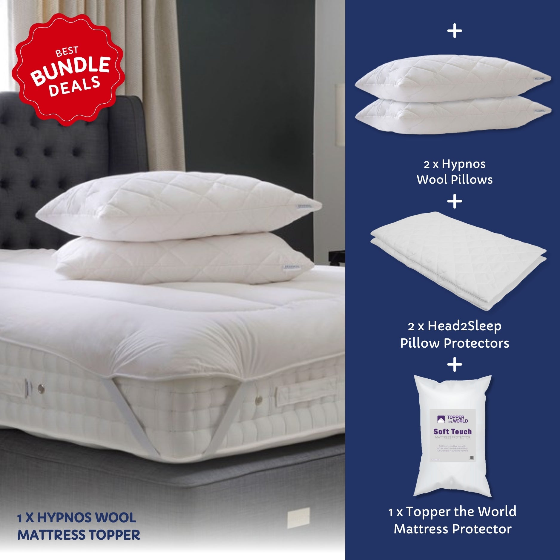 Hypnos Wool Bundle - Mattress Topper with Pillows and Protectors